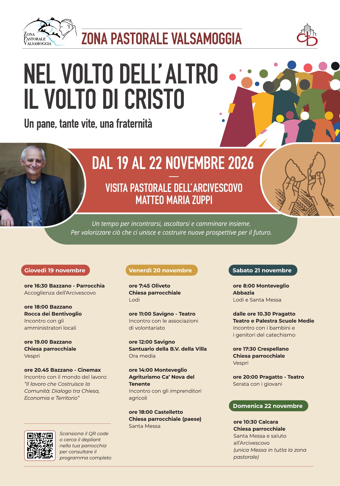 Manifesto della Visita Pastorale dell’Arcivescovo Matteo Maria Zuppi, Zona Pastorale Valsamoggia, 19-22 novembre 2026: programma degli incontri
