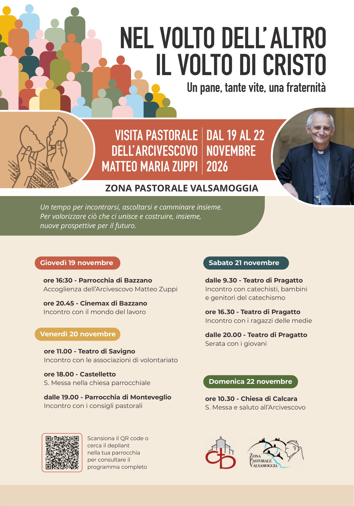Manifesto della Visita Pastorale dell’Arcivescovo Matteo Maria Zuppi, Zona Pastorale Valsamoggia, 19-22 novembre 2026: programma degli incontri