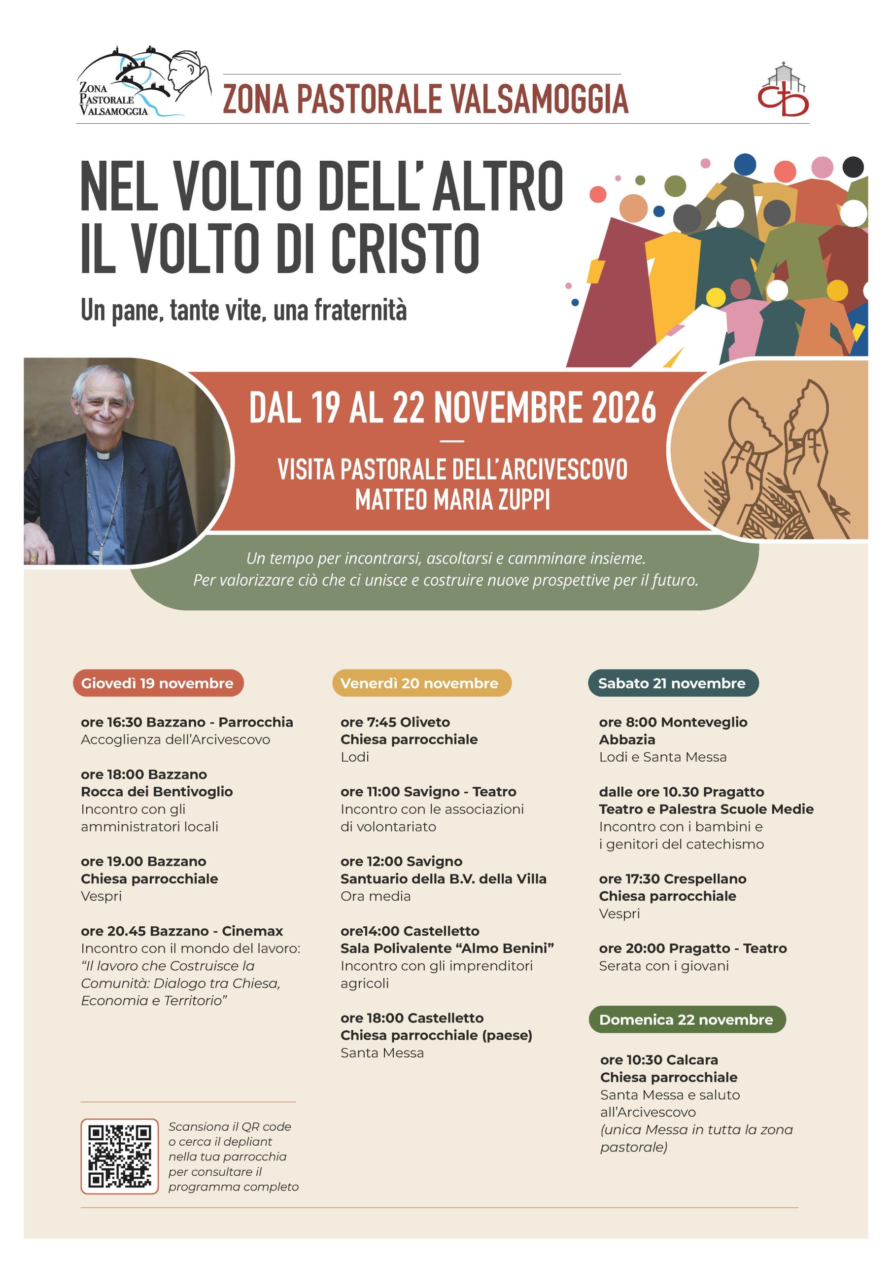 Manifesto della Visita Pastorale dell’Arcivescovo Matteo Maria Zuppi, Zona Pastorale Valsamoggia, 19-22 novembre 2026: programma degli incontri